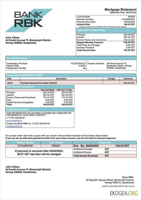 Modèle Word et PDF de relevé hypothécaire RBK de la Banque du Kazakhstan